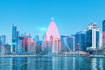 Obraz premium Skyscrapers of Dubai business downtown. International hub of trading and financial services of Western Asia. FOREX graph and chart concept. Double exposure. Dubai Canal waterfront.
