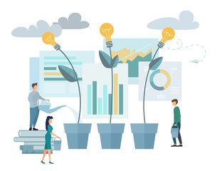 Vector illustration, brainstorming, business concept for teamwork, finding new solutions, generating and generating ideas, maturing new ideas in the form, Man watering light bulb