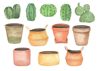 Watercolor house plants cactus in boho pots, hand drawing clipart