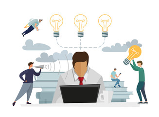 Office Characters Workers Working Computers with Laptop. Team Work Organization Concept. Market analytics. Finance prediction, trends forecast, business strategy analytics flat vector illustration