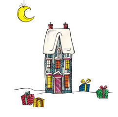 winter illustration, a house in the snow and gift boxes