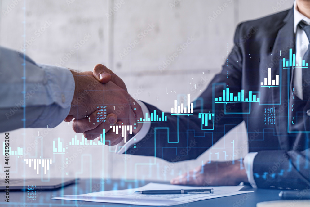 Poster a handshake symbolize a capital market transaction to proceed profitable business in stock trading. 
