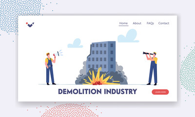 Demolition Industry Landing Page Template. Workers Characters with Loudspeaker and Spyglass Looking on TNT Explosion