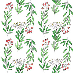 pattern with plants, branches with leaves and flower, beautiful floral background