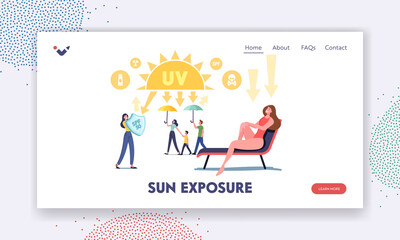 Fototapeta na wymiar Sun Exposure Landing Page Template. Uv Radiation, Solar Ultraviolet Protection. Characters with Shields Reflect Sunlight