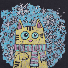 illustration with a cat in a scarf, a cat and snowfall