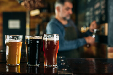 Fototapeta na wymiar middle aged man bartender serving beer in beer pub