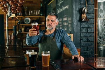 middle aged man bartender serving beer in beer pub