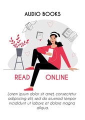Audio books and e learning vertical poster brochure flyer concept. Girl listening audio book in headphones on a smartphone. Online library music language skills course. Stock vector flat illustration.