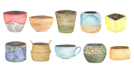 Watercolor decorative house plants pots, boho home plant pots clipart