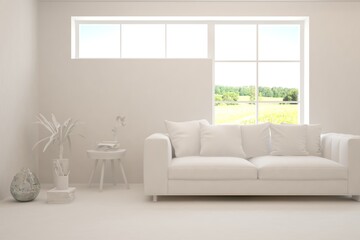 Mock up of stylish room in white color with sofa and green landscape in window. Scandinavian interior design. 3D illustration