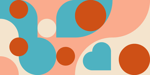Romantic vector abstract  geometric background with hearts, circles, rectangles and squares  in retro scandinavian style. Pastel colored simple shapes graphic pattern. Abstract mosaic artwork.