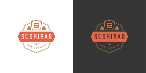 Sushi logo and badge japanese food restaurant with sushi salmon roll asian kitchen silhouette vector illustration