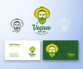 Vegan Food Abstract Abstract Vector Logo and Business Card Template. Young Man in Gardener Hat. Face with Leaves Incorporated in Beard and Moustache. Premium Stationary Realistic Mock Up. Isolated.