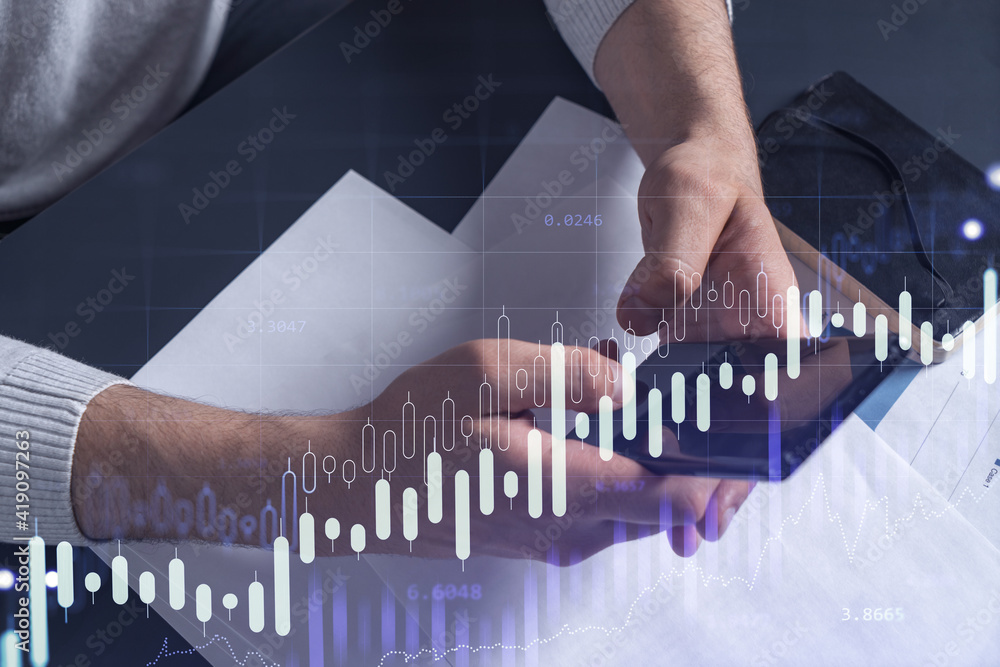 Poster trader holding in the hands a smart phone and researching stock market to proceed right investment s