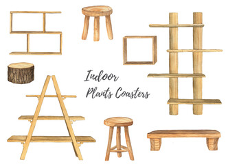 Watercolor wooden ladders, shelves and coasters for indoor house plants clipart