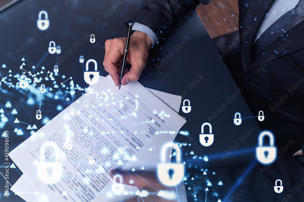 Poster a businessman in formal wear signing the contract to prevent probability of risks in cyber security.