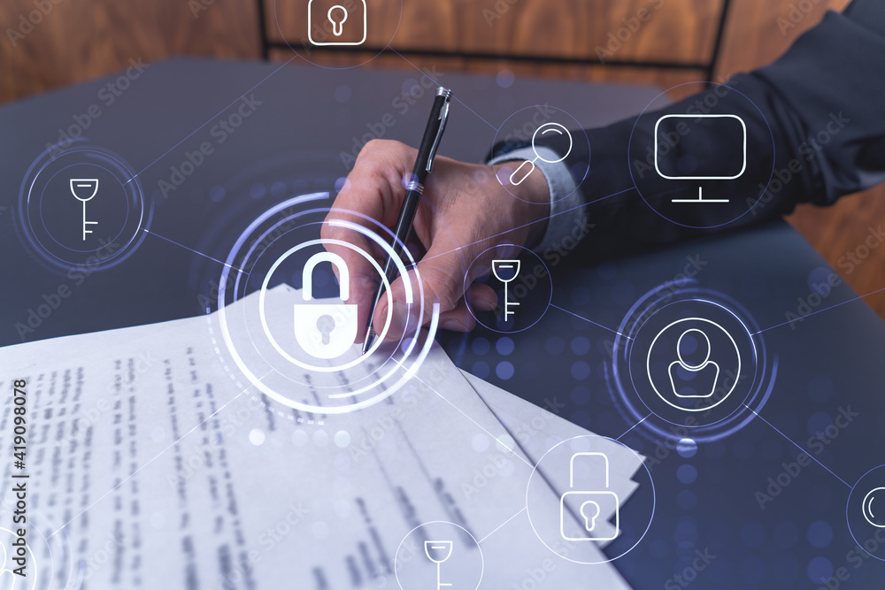 Poster a businessman in formal wear signing the contract to prevent probability of risks in cyber security.