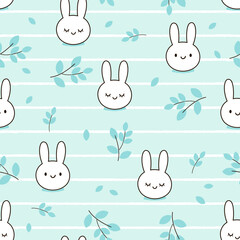 Seamless pattern with rabbit head ang green leaves on stripe background vector illustration.