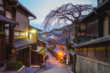 street view of Ninen zaka in kyoto, japan, at night