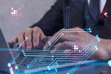 Hands typing the keyboard to create innovative software to change the world and provide a...