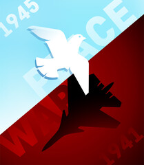Peace and war vector illustration. 9th May - Russian holiday. 1941 - 1945. Pigeons. Plane. Vector template for greeting card or poster. - obrazy, fototapety, plakaty