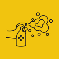 Bottle antibacterial alcohol hold in hand. Destruction of bacteria.Sanitary product for personal hygiene.Preventioncoronavirus covid-19. Alcoholliquid. Vector illustration minimal black line design.