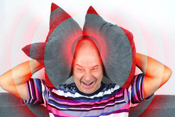 old bald man sitting on the sofa, clasping his head in his hands, suffering on his face, problem...