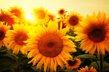Fototapeta premium Sunflowers field and beautiful sunset