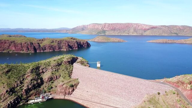 Aerial Shot of Ord River Dam at the Freshwater Reservoir of Lake Argyle, Western Australia