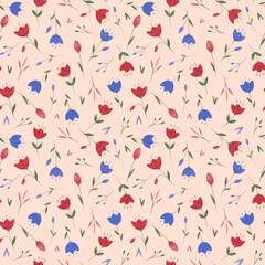 Blue and red flowers on peach colored background seamless pattern. Hand drawn botanical print. Abstract floral ornament for wallpaper, wrapping paper, fabric, textile, design and decoration.