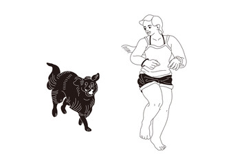 Girl Running with Her Dog. Vector Art. Illustration.