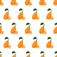 Cartoon seamless pattern for paper design with whole and sliced kumquat, orange citrus fruit. Colorful background.