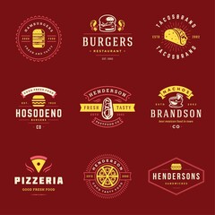 Fast food logos set vector illustration good for pizzeria or burger shop and restaurant menu badges with food silhouette