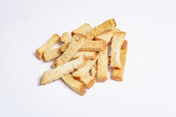 Homemade croutons isolated on white background