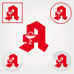Ensemble d’icônes de pharmacie allemande avec le symbole Caducée - Couleurs rouges. Lettre A en style gothique