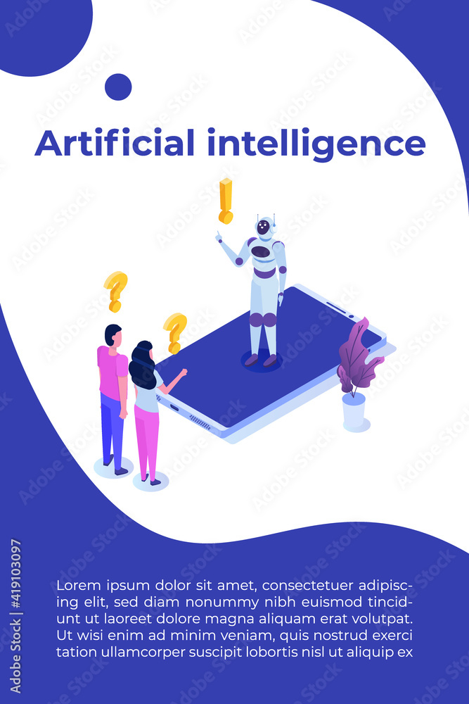 Poster chatbot concept. man talking to robot. customer support service android, artificial intelligence dia