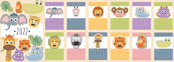 Calendar 2022. Cute calendar 2022 for kids. Can be used at school or children’s bedrooms. Zoo and animals concept calendar. Vector template.