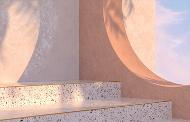 Natural beauty podium backdrop with tropical palm tree shadow. Terrazzo texture. 3d rendering scene.