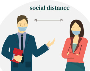 woman and man in mask on face, social distance, prevention of virus, vector flat illustration