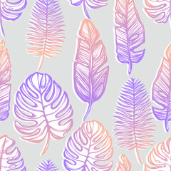 Vector illustration, Tropical summer. tropical leaves, Handmade, seamless pattern, grey background, print on t-shirt