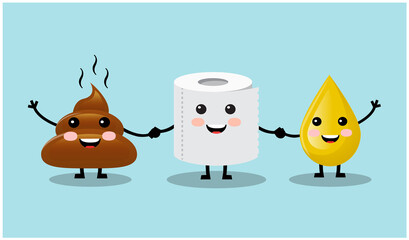 three cute friends smiling and waving their hands turd, a drop of urine and toilet paper 
