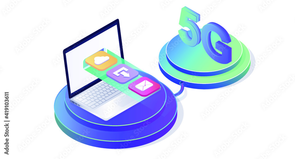 Poster 5g network wireless technology illustration. super fast data transfer, upgrade. web page design temp