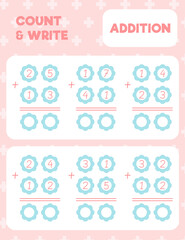 Math worksheet practice print page. Double digit addition. Column method. Count and write.