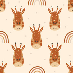 Seamless pattern with giraffes and rainbows. Vector illustration.