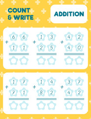 Math worksheet practice print page. Double digit addition. Column method. Count and write.