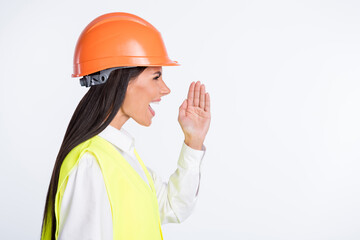 Profile photo of announcer lady scream hold palm open mouth wear helmet shirt vest isolated white...