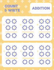 Math worksheet practice print page. Double digit addition. Column method. Count and write.