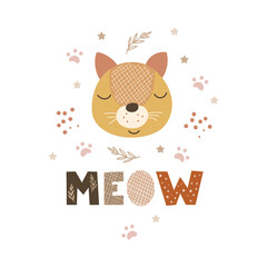 Meow - cute nursery decor design. Vector illustration.