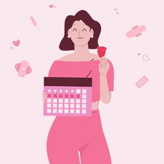 Woman period day concept. Woman holding calendar and menstrual cup.